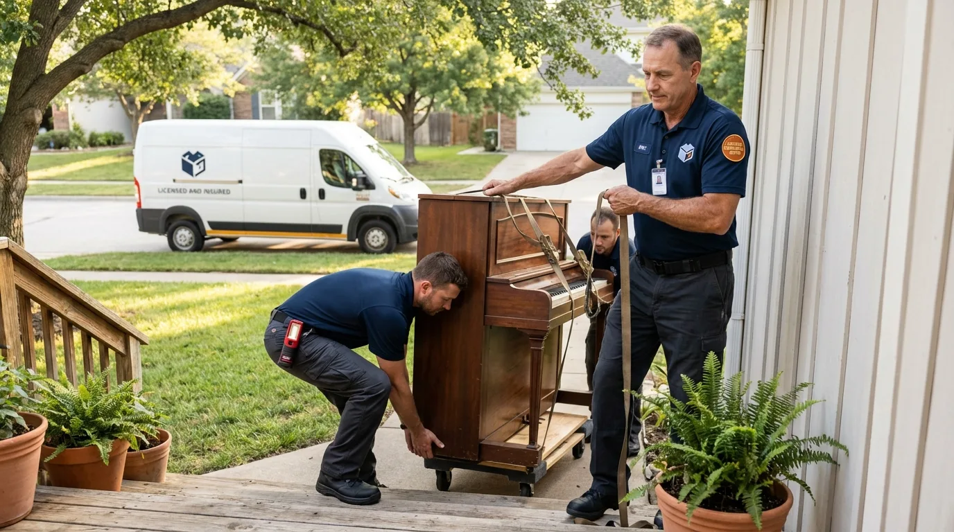 Licensed piano movers securing grand piano in Moosic, PA