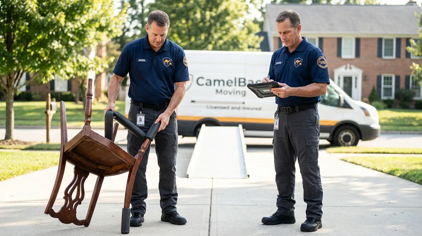 Movers inspecting furniture for damage prevention before loading in Moosic, PA